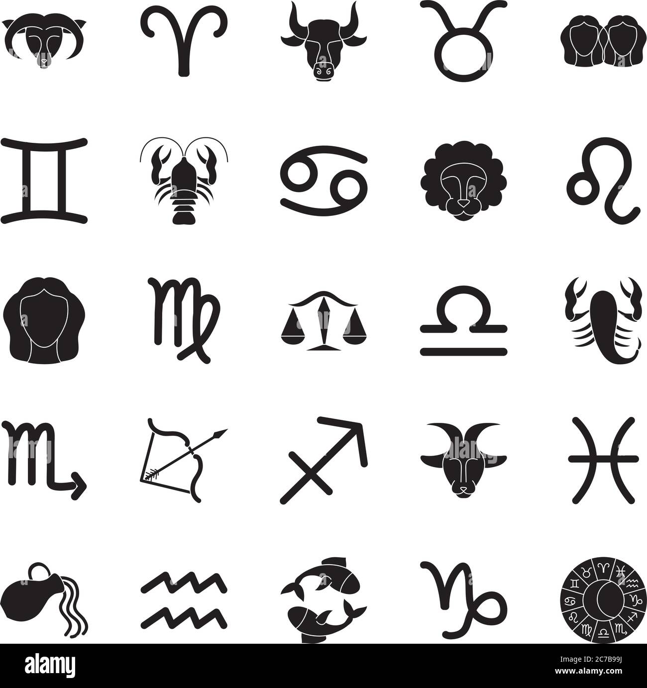 astrology signs and symbols icon set over white background, silhouette style, vector illustration Stock Vector