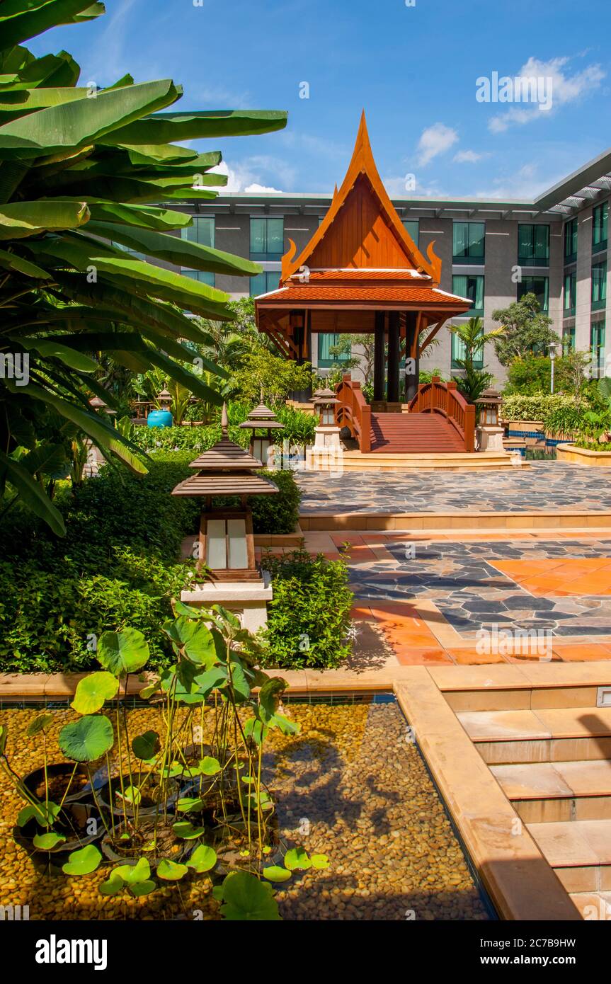 The courtyard garden of the Novotel Bangkok Suvarnabhumi Airport hotel in Bangkok, Thailand. Stock Photo