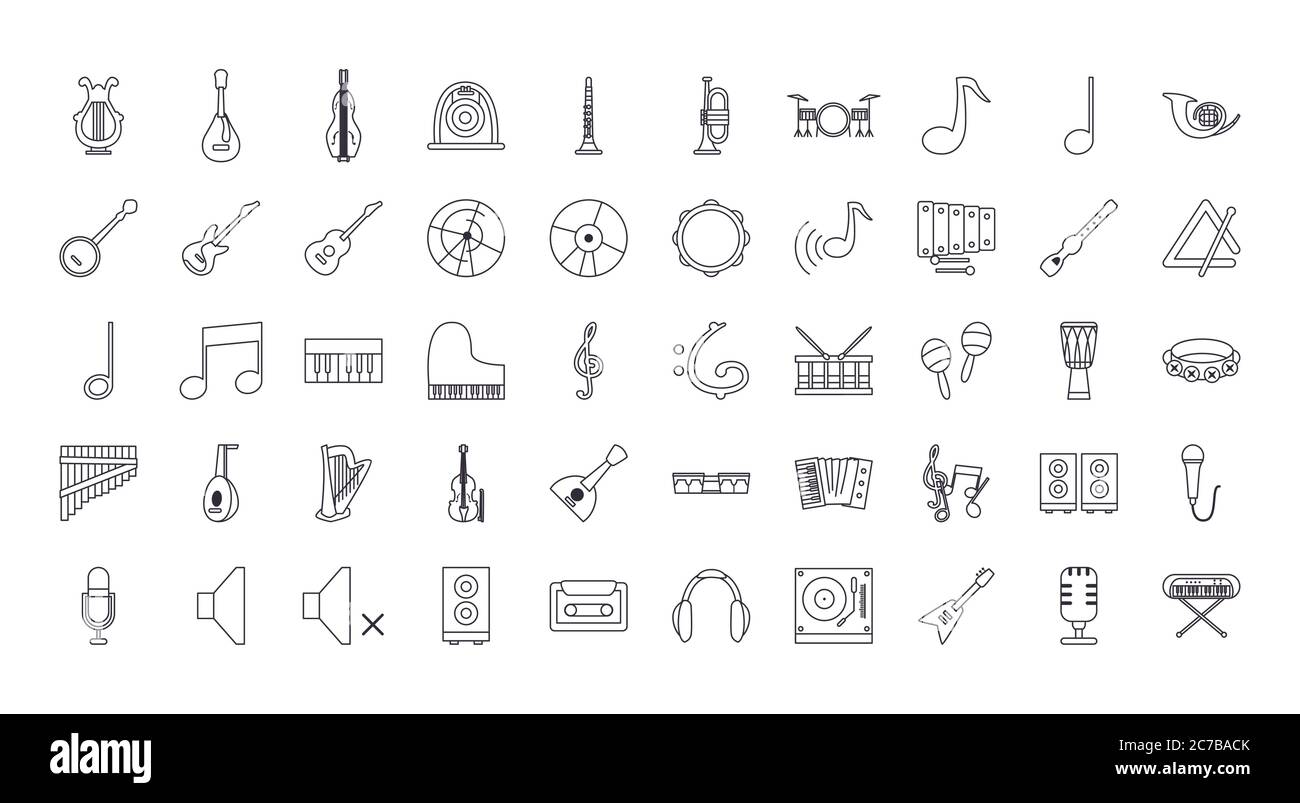 line style icon set design, Music instruments sound melody song musical