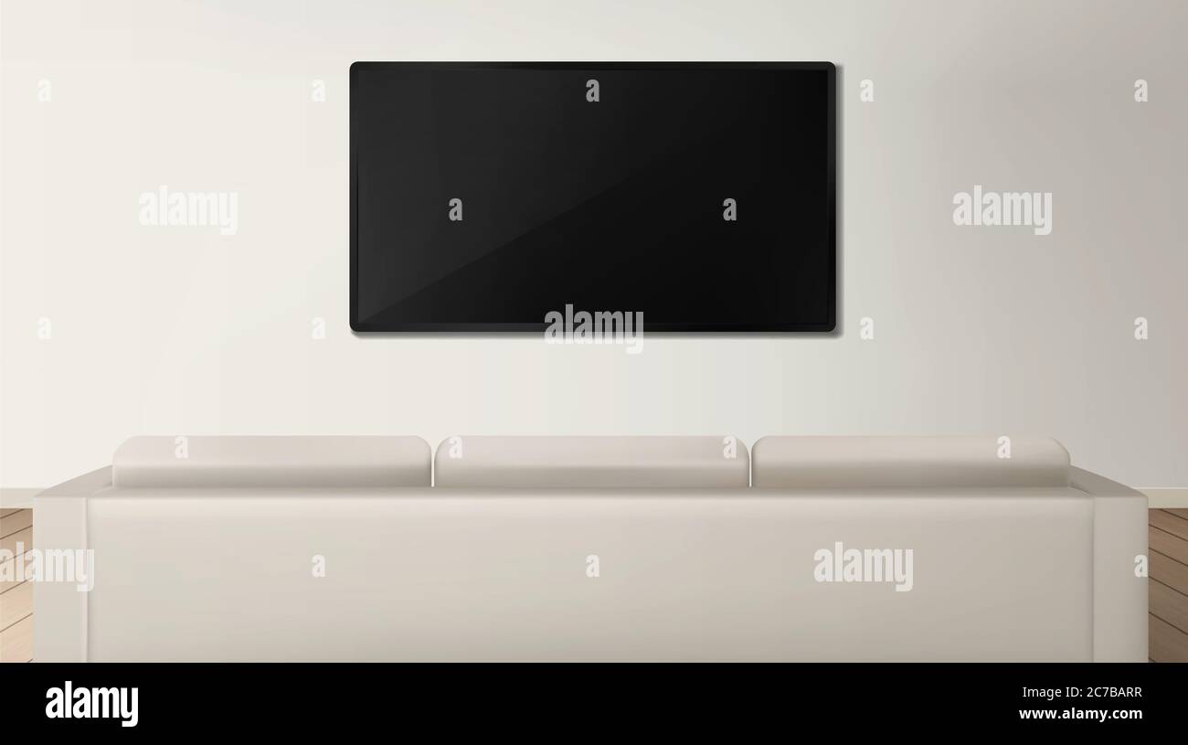 Sofa and tv back view in living room interior, white couch in front of