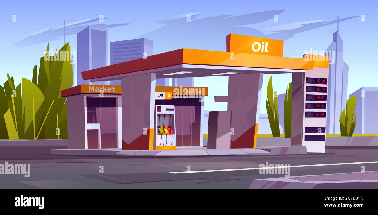 Gas station with oil pump, market and prices display. Vector cartoon cityscape with empty fuel filling station for cars on town road. Modern service for refill petrol, diesel or gas Stock Vector