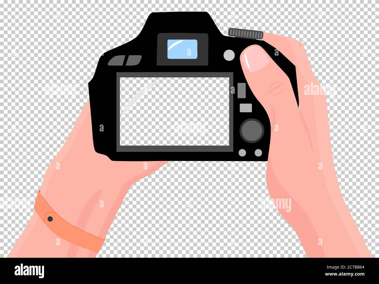 Digital photo camera in hands. First-person view. Copy space for your own pictures. Digital photo camera. Making photo for advertising, banner, poster Stock Vector