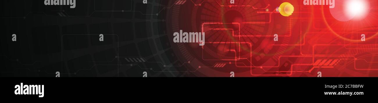 Abstract technology concept dark red web banner. Vector header template with circuit board and gear shape Stock Vector