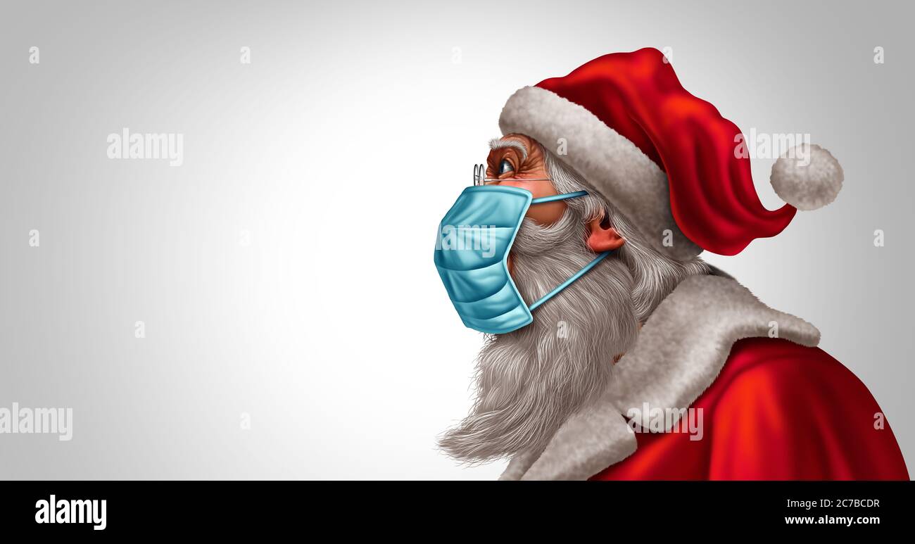 Santa Claus face mask concept as a Christmas holiday season symbol for health and healthcare disease prevention as medical equipment preventing. Stock Photo