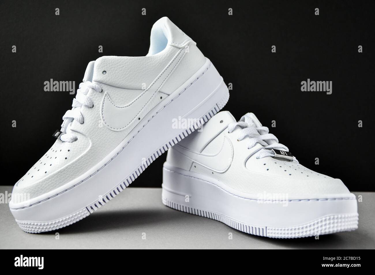 Zhytomyr, Ukraine - 1, 2020: Nike Air Force 1 Sage white sneakers on gray background. Illustrative editorial photo Stock - Alamy