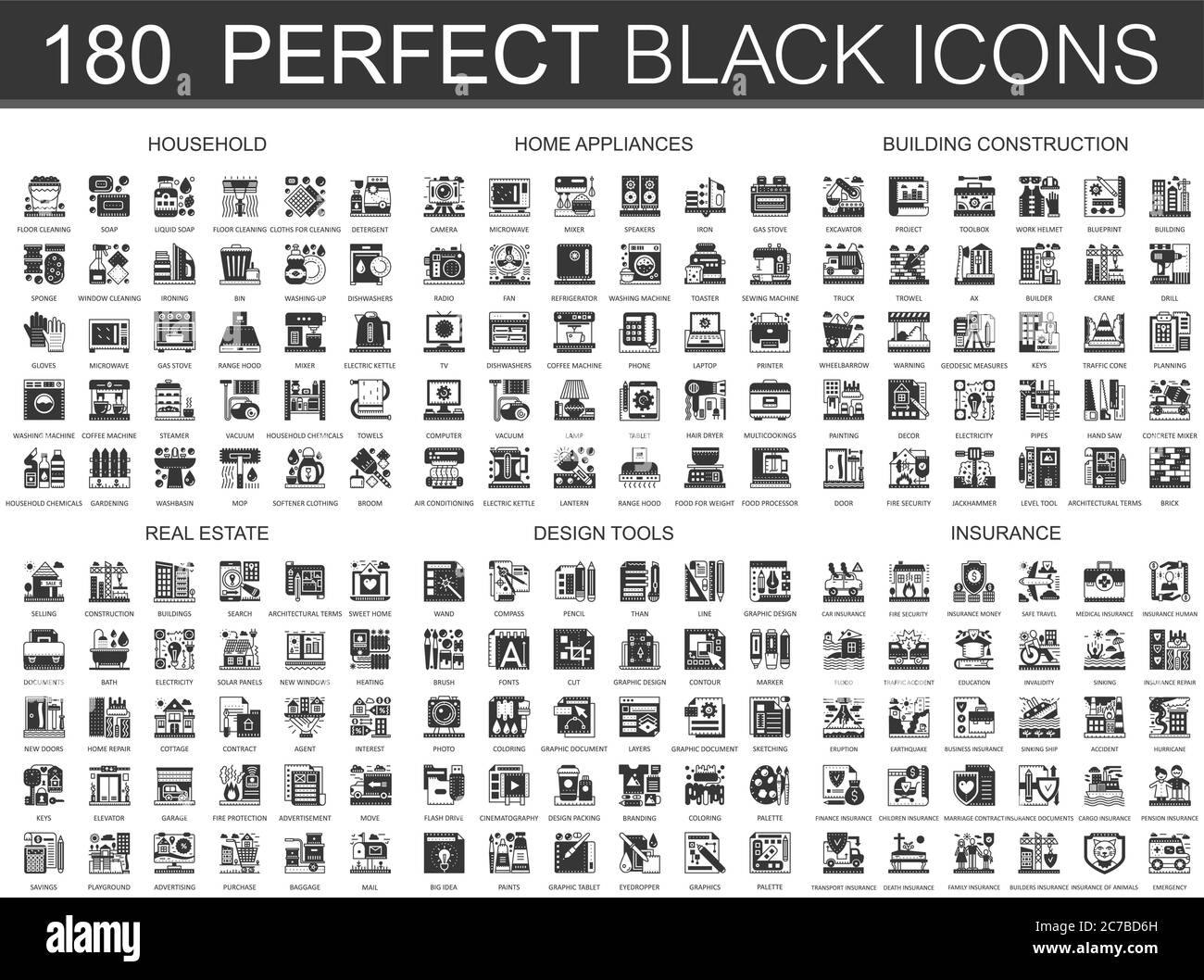 180 household, home appliances, building construction, real estate, design tools, insurance classic black mini concept symbols. Vector modern icon pictogram illustrations set Stock Vector