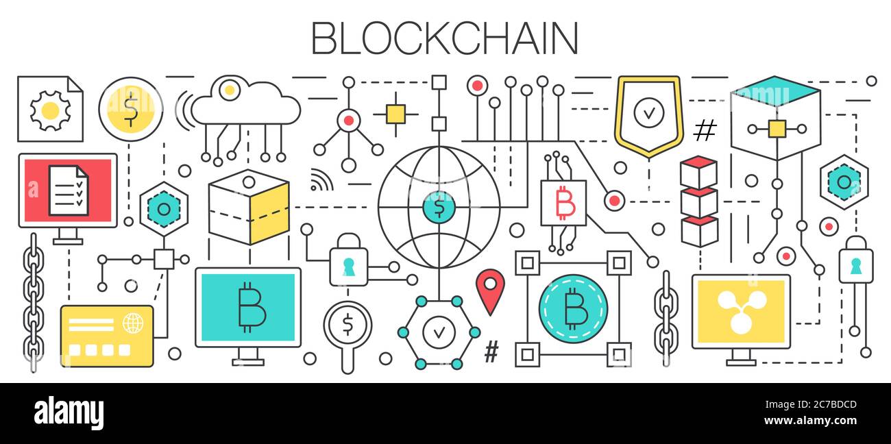 Blockchain concept template flat line vector design. Banking finance payment technology using bitcoins cryptocurrency Stock Vector