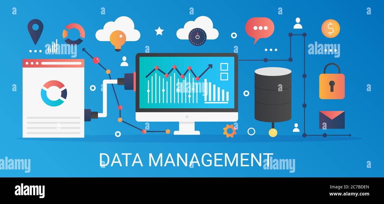 Modern vector flat gradient Data management concept banner with icons and text Stock Vector