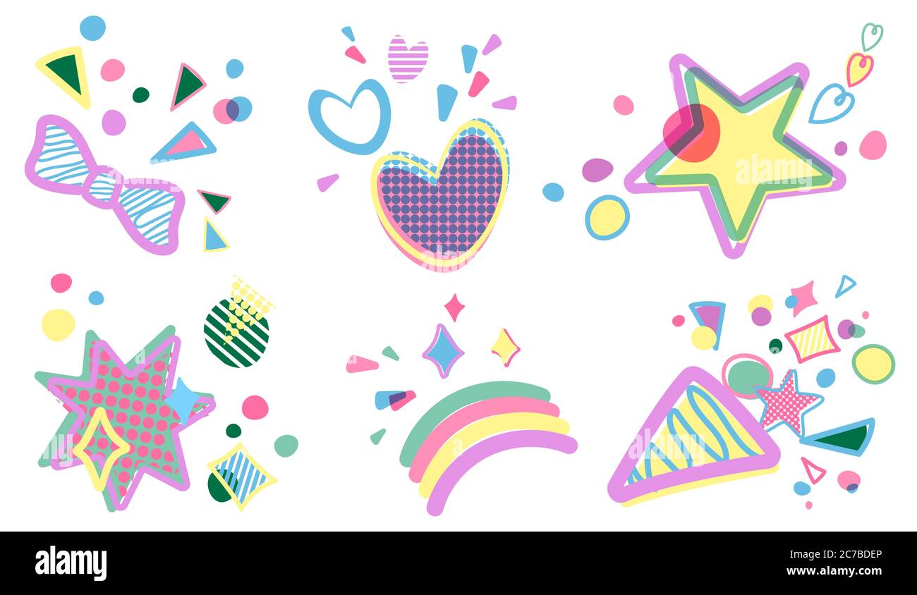 Set of birthday party decorative design elements. Simple flat cartoon icons design. Stars, hearts, boom, arrows Stock Vector
