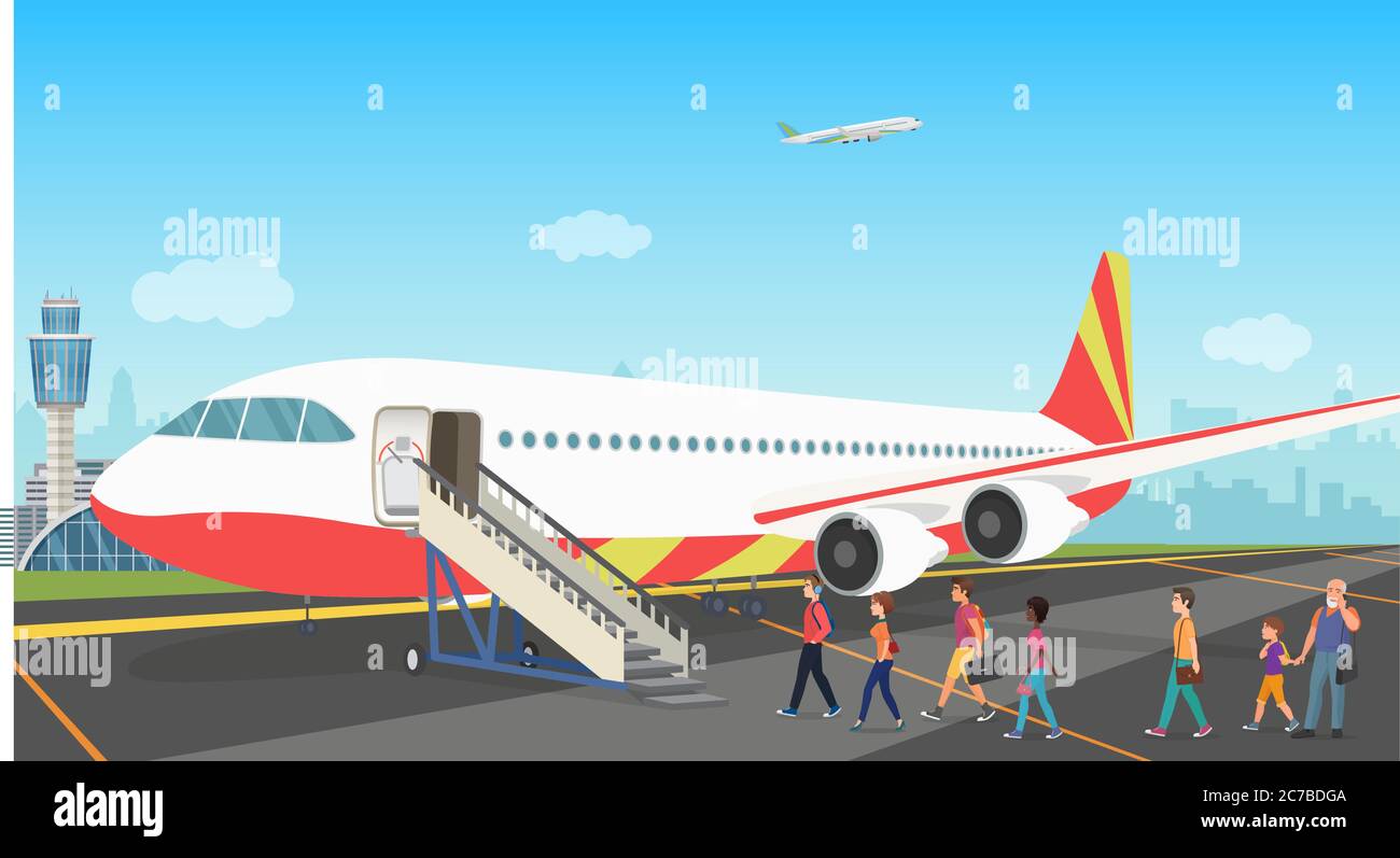 People tourists boarding on a cruise airplane at the airport. Vector illustration Stock Vector