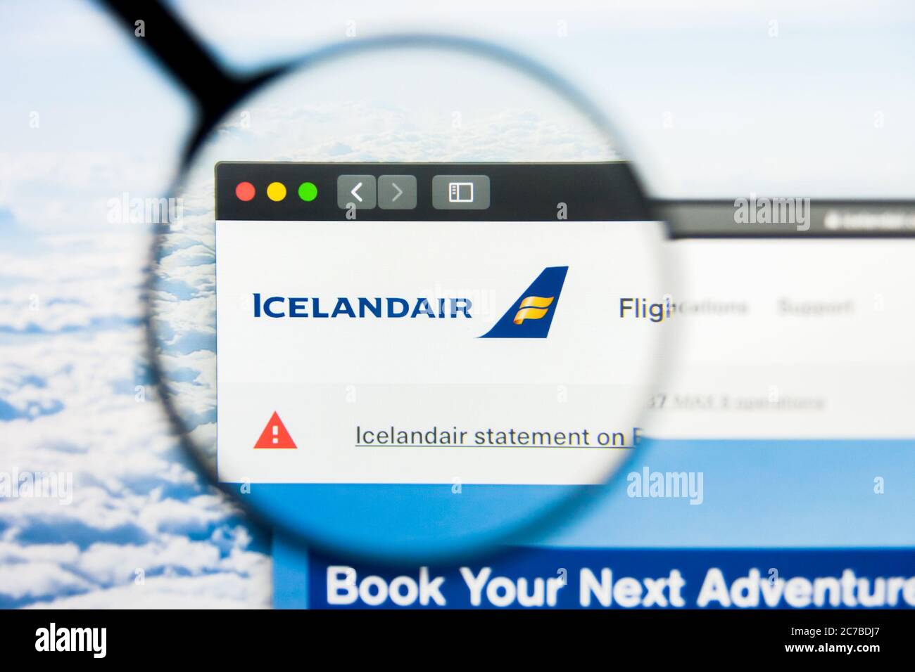 Los Angeles, California, USA - 21 March 2019: Illustrative Editorial of Icelandair website homepage. Icelandair logo visible on display screen. Stock Photo