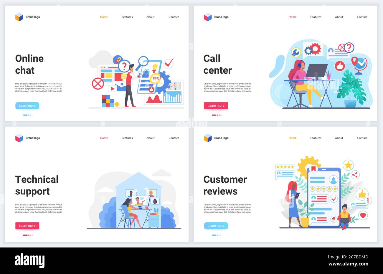 Customer support, help call center vector illustrations. Cartoon flat concept banners, interface website design with consultant hotline online chat, professional supporter answering helpdesk service Stock Vector