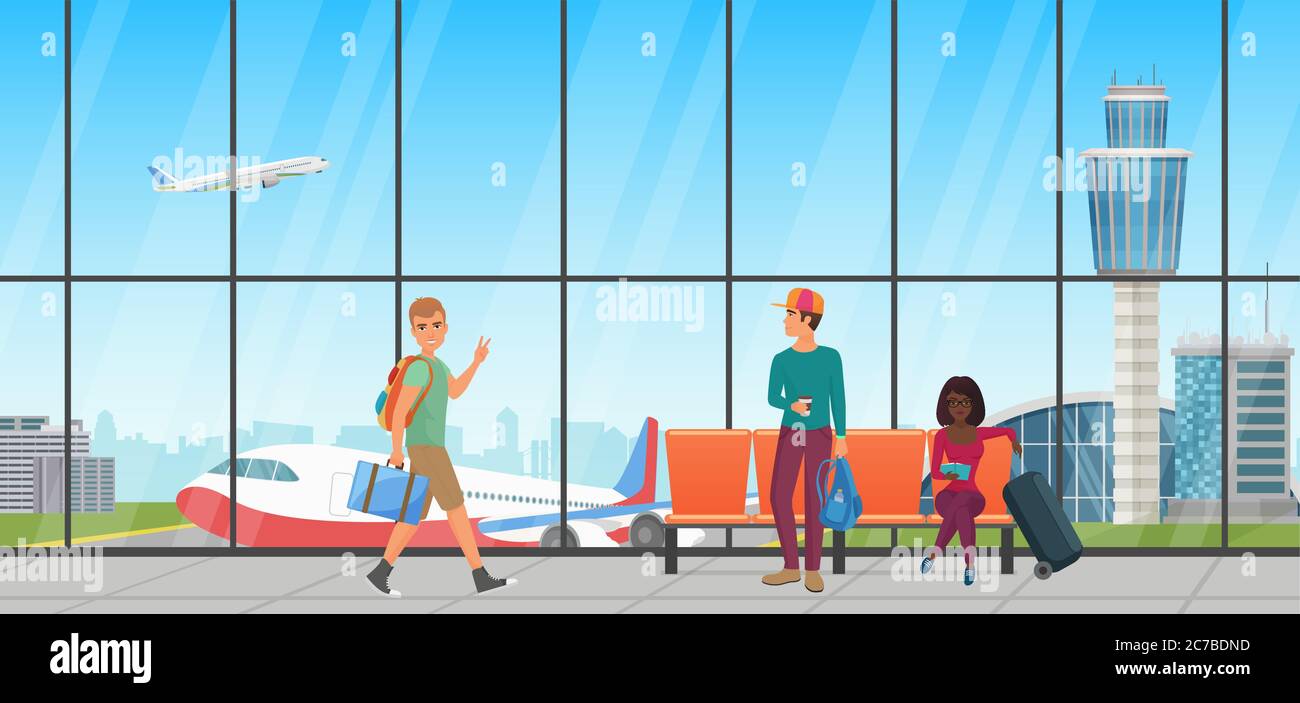 Airport waiting room. Departure lounge with chairs and people. Terminal hall with airplanes view Stock Vector