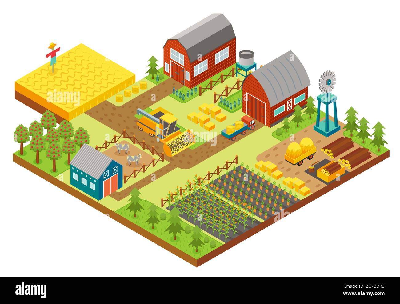 Vector isometric icon representing rural farm setting with tractor, combine harvester, house, windmill and warehouse Stock Vector