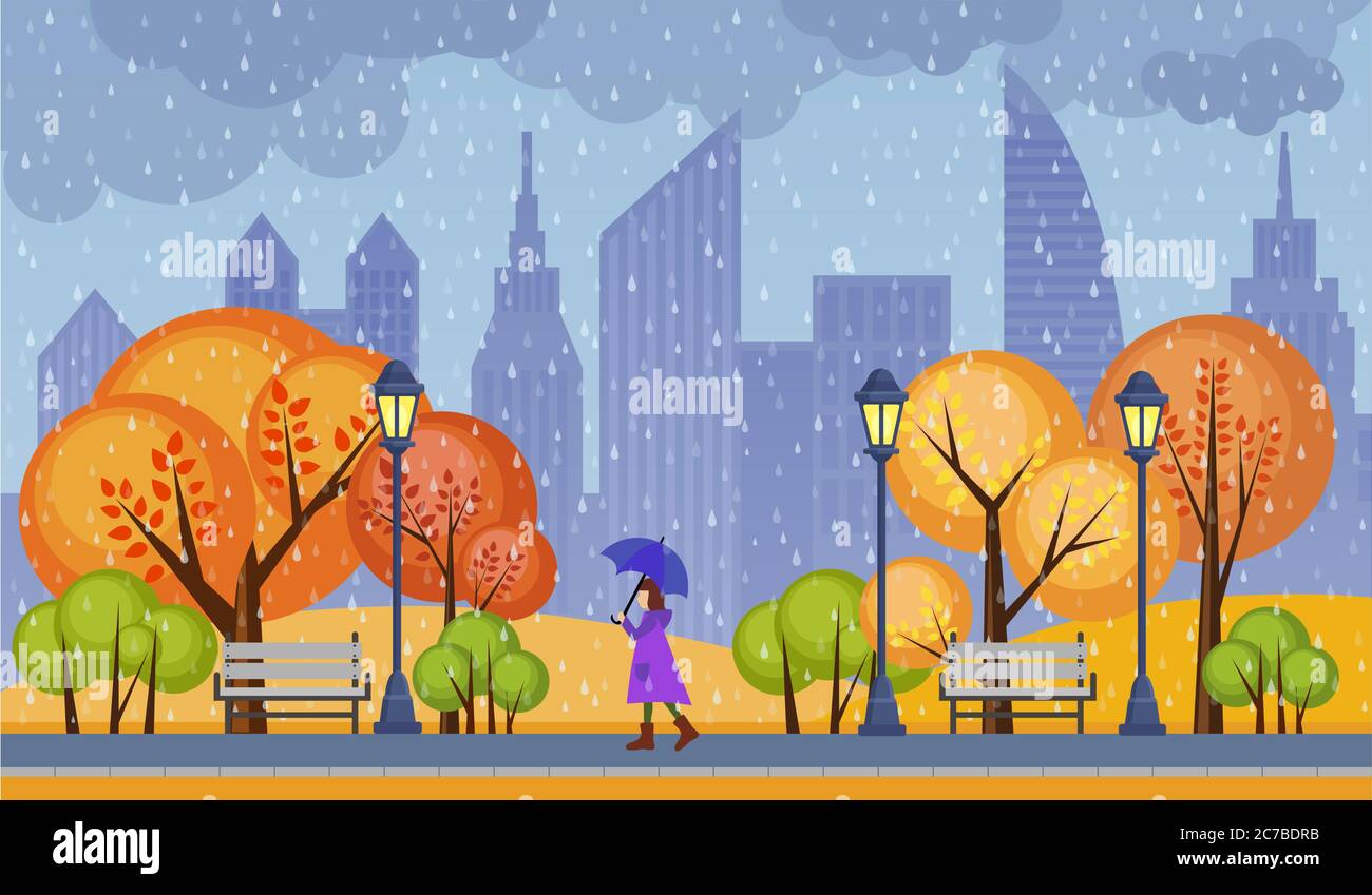 Autumn public city park vector illustration. Rainy cold weather with alone walking girl Stock Vector
