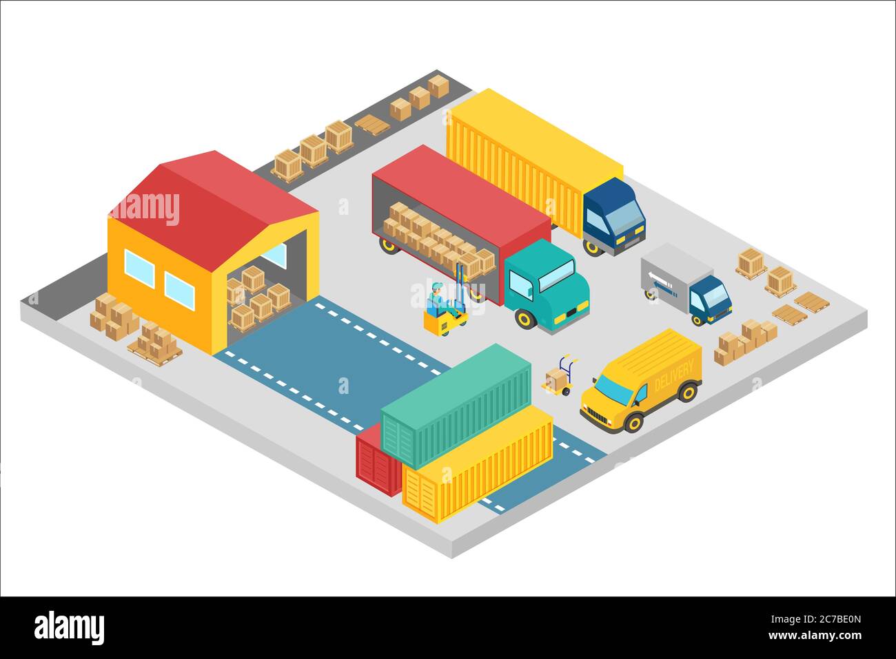 3d isometric process of the warehouse company. Warehouse exterior building square with trucks and containers. Delivery business, cargo storage vector illustration Stock Vector
