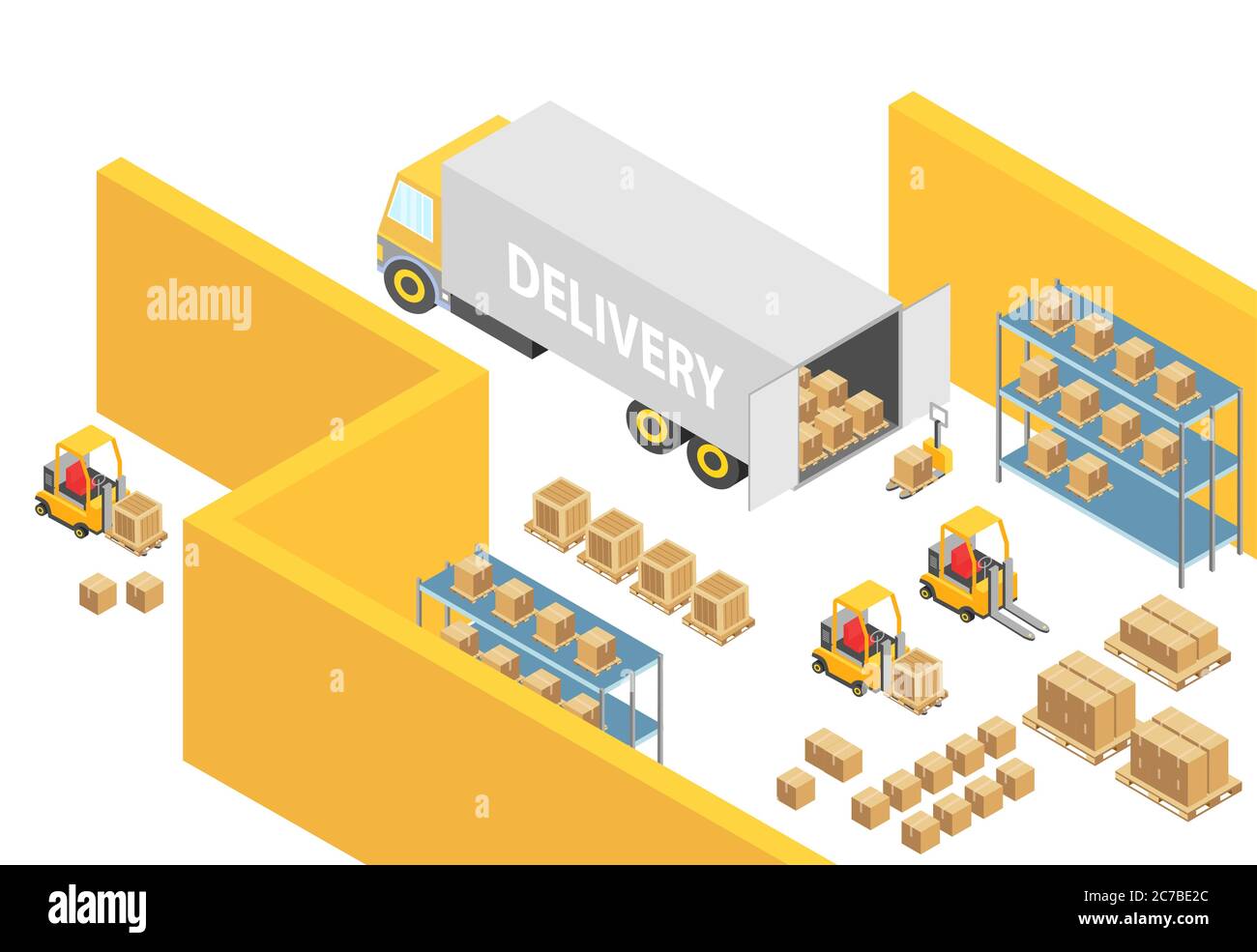 Warehouse isometric 3D warehouse interior map illustration with logistics transport and delivery vehicles. Loader forklift trucks, people and delivery boxes. Cargo company infographic vector template Stock Vector