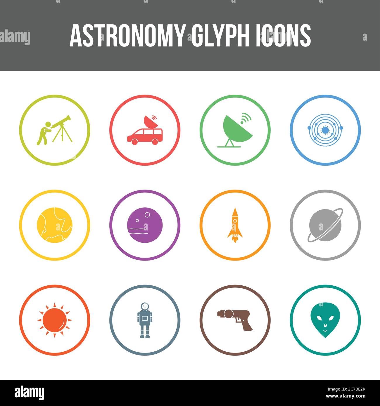 Unique astronomy vector glyph icon set Stock Vector