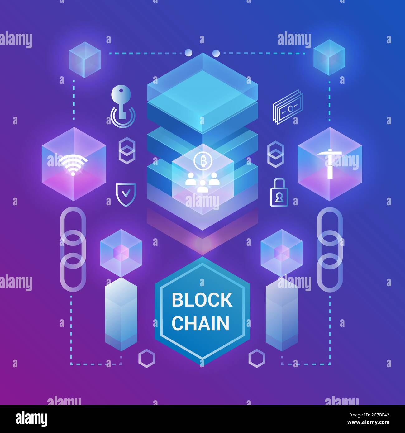 Cryptocurrency and blockchain isometric concept. Isometric vector illustration. Web design, presentation banner Stock Vector