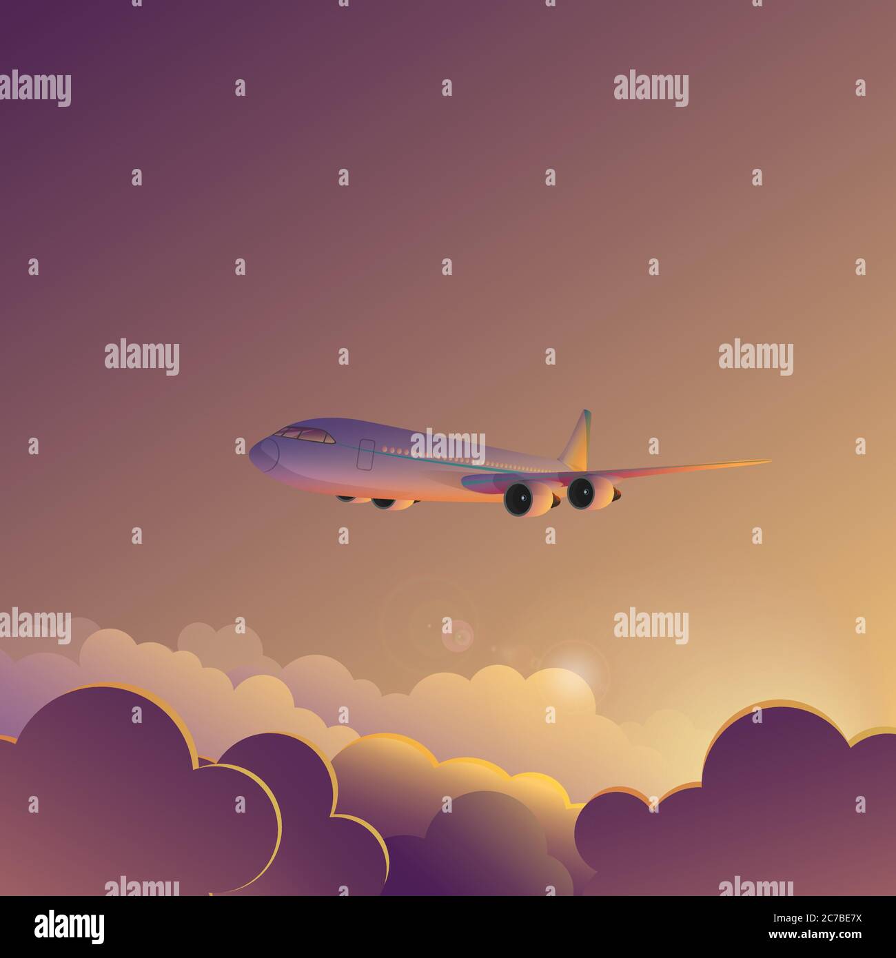 Airplane in sunset sunrise sky vector illustration poster banner Stock Vector