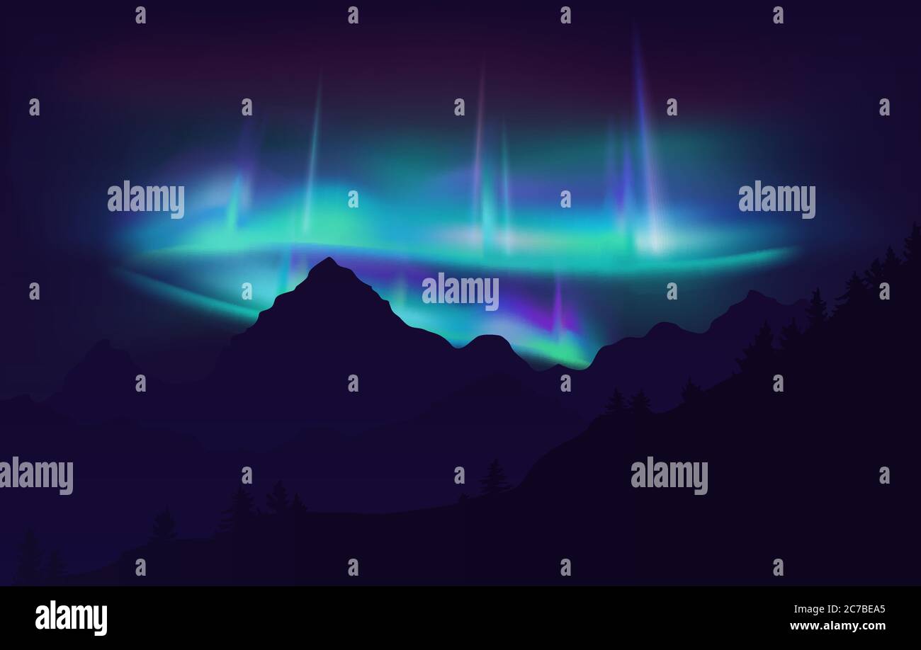 Beautiful Aurora Borealis northern lights in night sky over mountain. Vector illustration Stock Vector