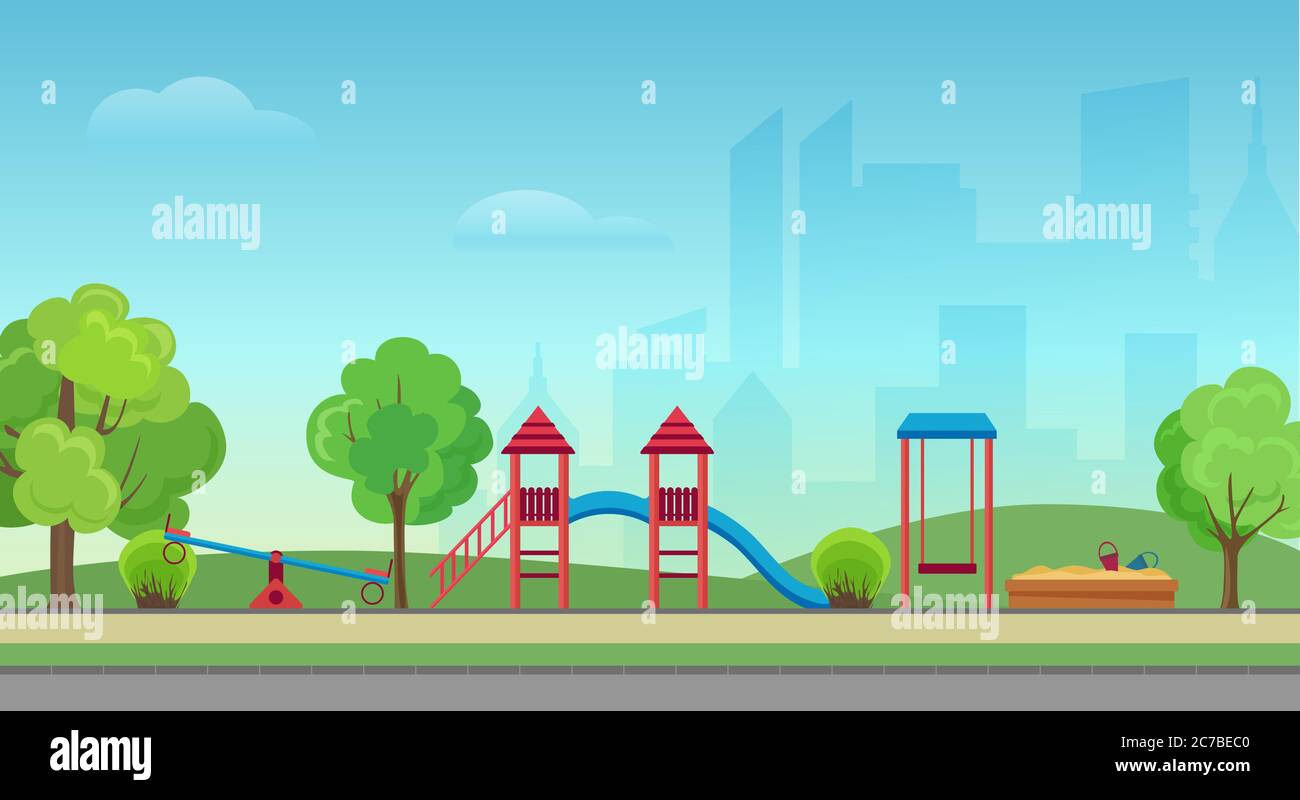 Vector city public park with kids playground on the modern city skyscrapers  background. Green park in town city center Stock Vector Image & Art - Alamy
