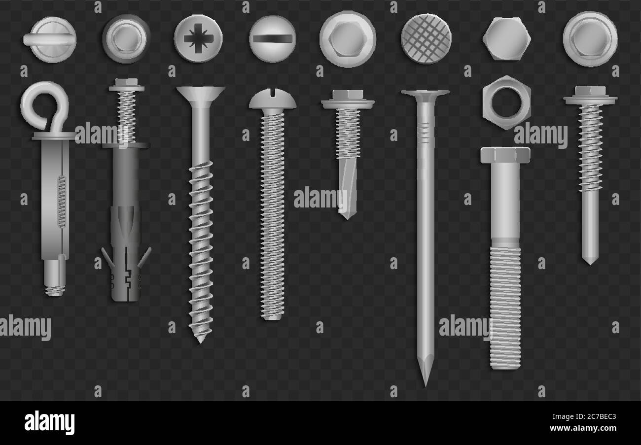 Realistic 3d vector screws, nuts, bolts, rivets and nails for fastening and fixing on black transperant background Stock Vector