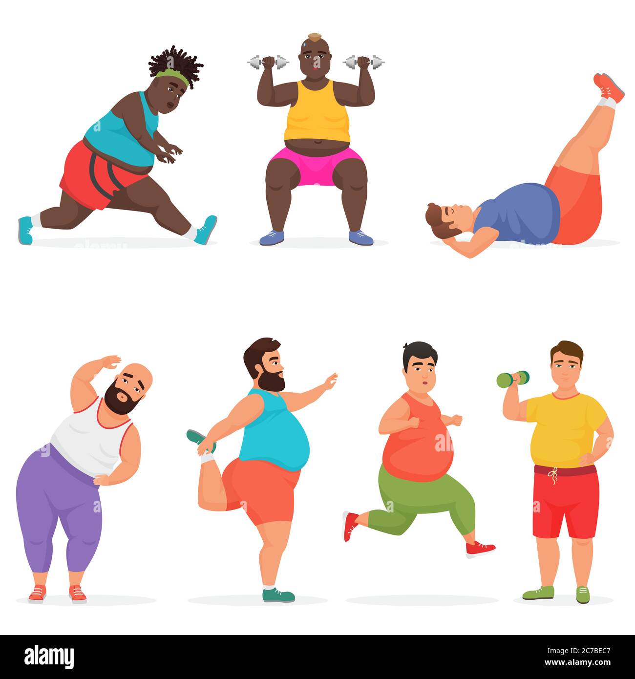 Vector funny chubby fat man characters set doing gym workout exercises. Sport fitness Stock Vector