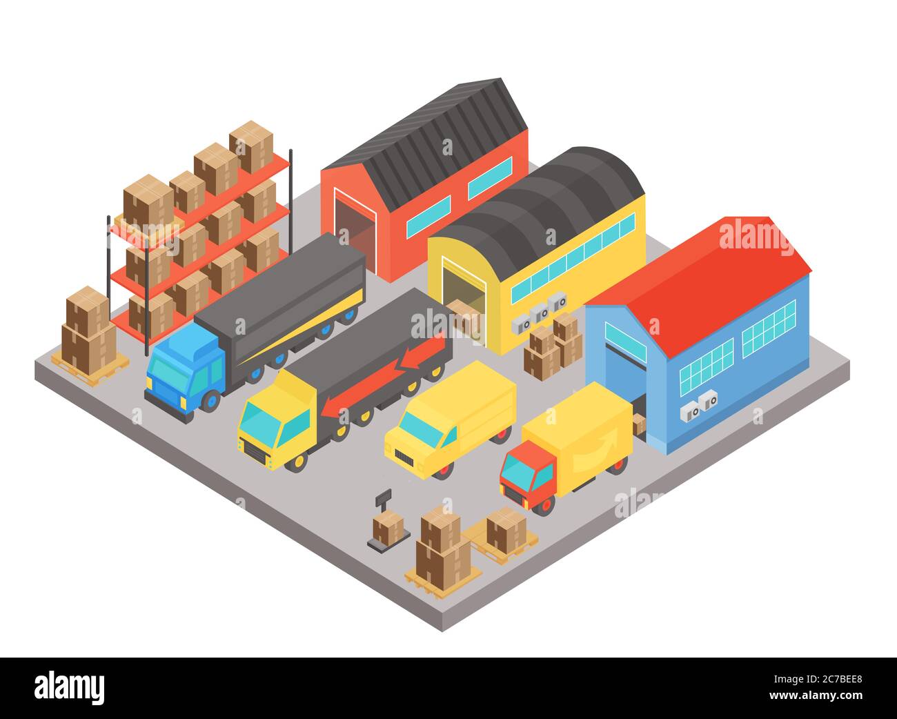 Warehouse isometric concept composition. Modern building storage with employees and shelves with boxes. Vector transportation logistic concept isolated Stock Vector