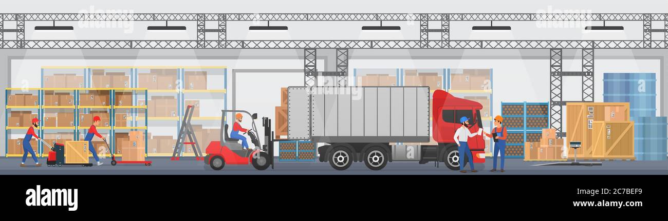 Vector Warehouse interior with workers arranging goods on the shelves and dip boxes into a truck. Warehouse modern interior wirh cargo truck Stock Vector