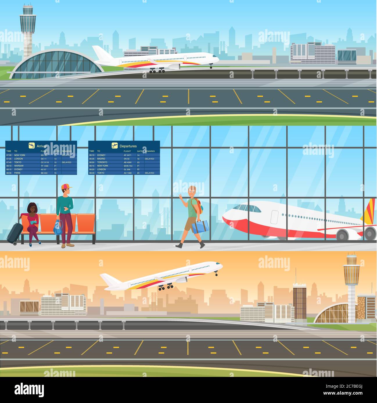 Airport detailed horizontal vector banners templates. Arrivals and departures. Waiting room in terminal with passengers people. Travel concept with taking off and landing airplane Stock Vector