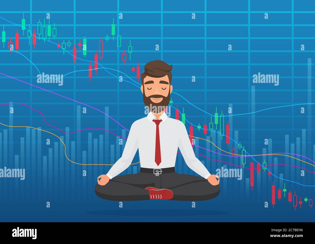 Young man trader meditating under falling crypto or stock market exchange chart. Business trader, finance stock market graph concept. Falling Stock Market Stock Vector