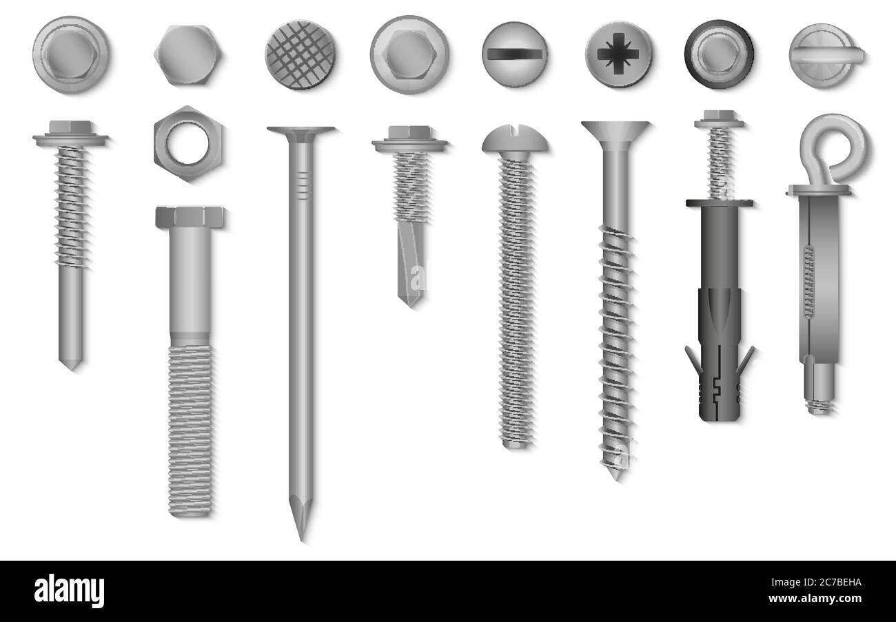 Realistic 3d vector screws, nuts, bolts, rivets and nails for fastening and fixing Stock Vector