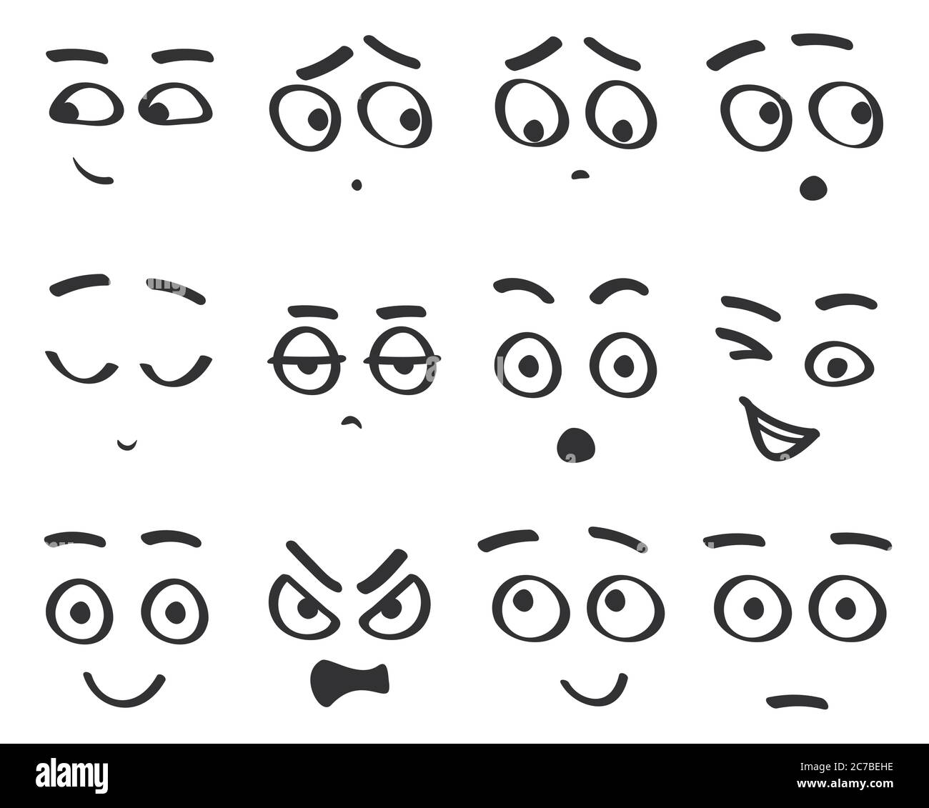 Vector line emoji cartoon faces set. Funny avatar emotions isolated Stock Vector
