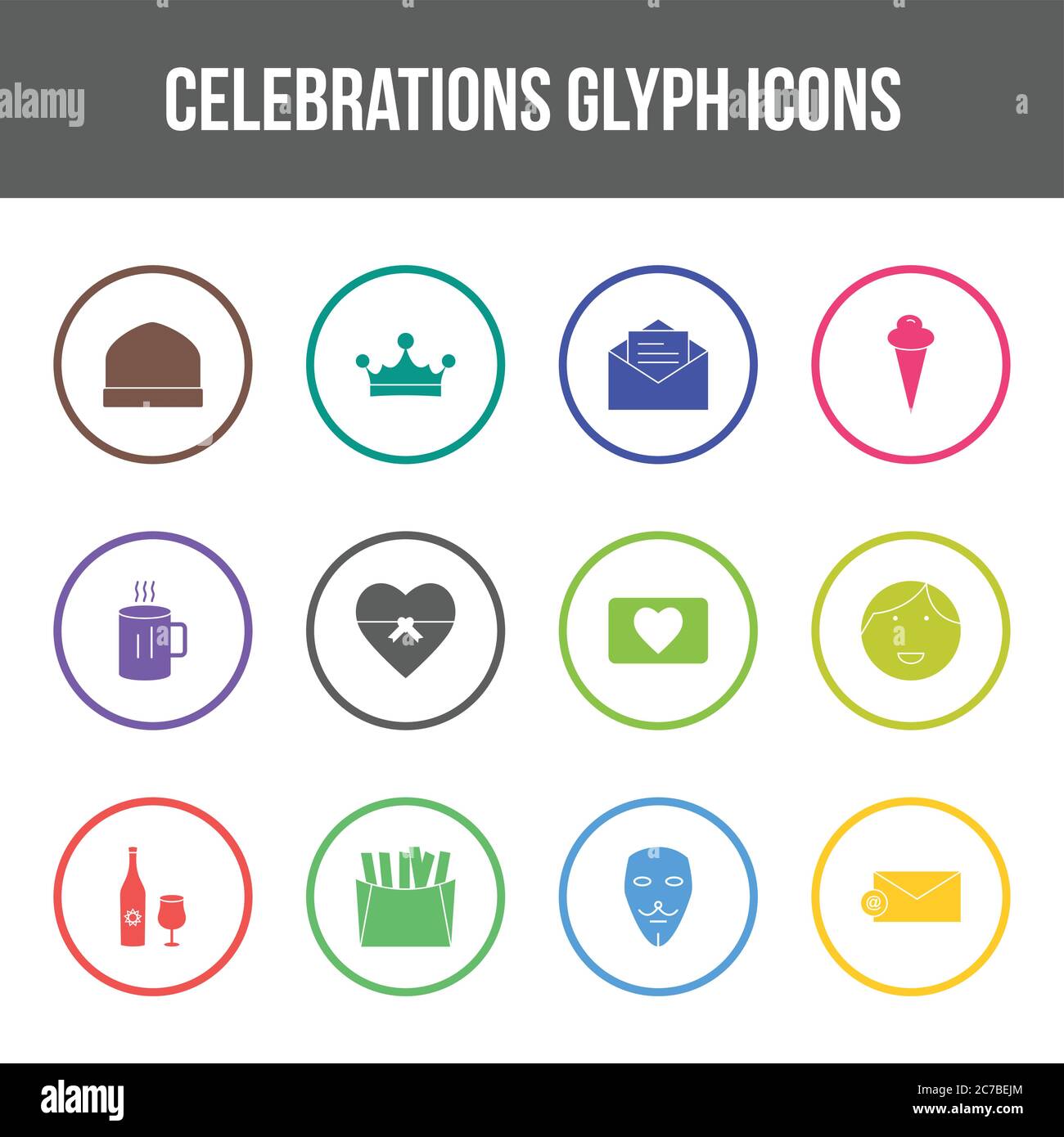 Unique celebration vector glyph icon set Stock Vector