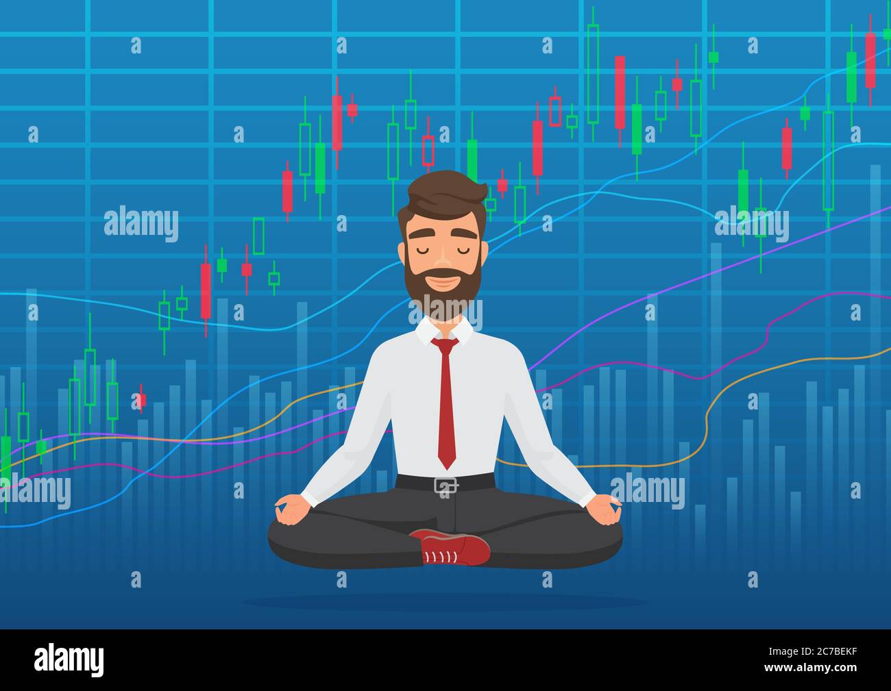 Young man trader meditating under rising crypto or stock market exchange chart. Business trader, finance stock market graph concept. Growing stock Market. Balance feeling. Stock Vector