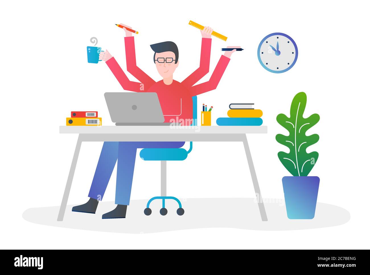 Flat gradient color design vector concept illustration. Office man with multitasking and multi skill. Male with four hands holding different things for time managing Stock Vector
