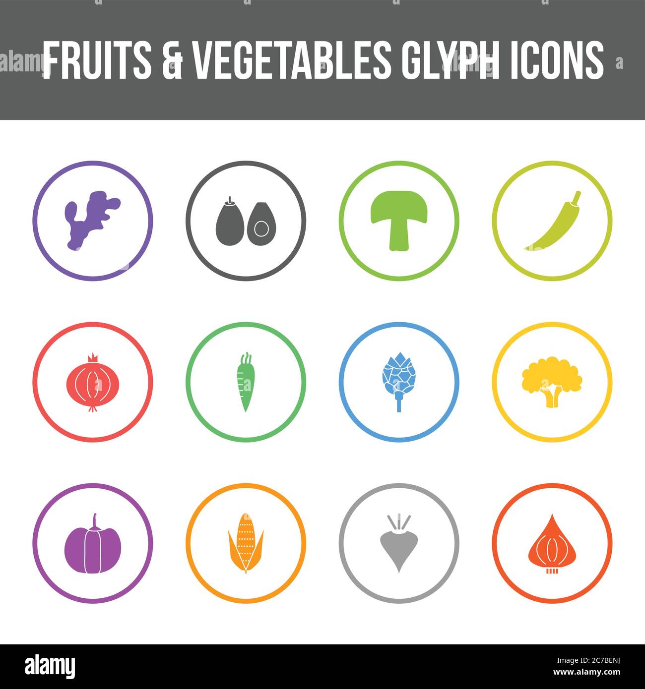 Unique fruits & vegetables vector glyph icon set Stock Vector
