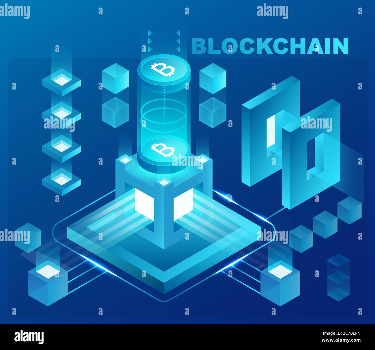 Cryptocurrency and blockchain isometric concept. Data powered center, cloud data storage. Web design, presentation banner Stock Vector