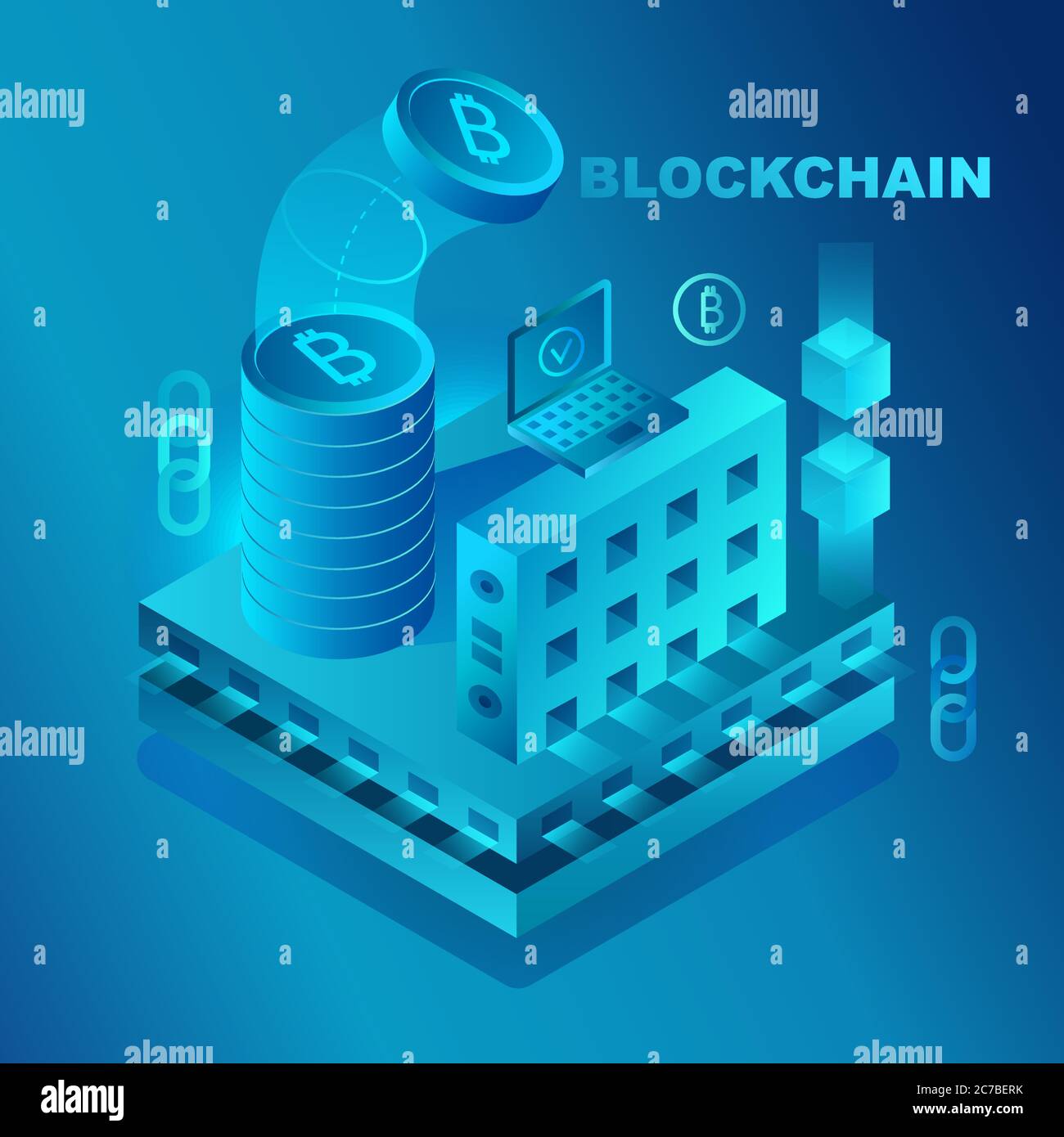 Big data center, cryptocurrency and blockchain isometric composition banner template concept vector illustration Stock Vector