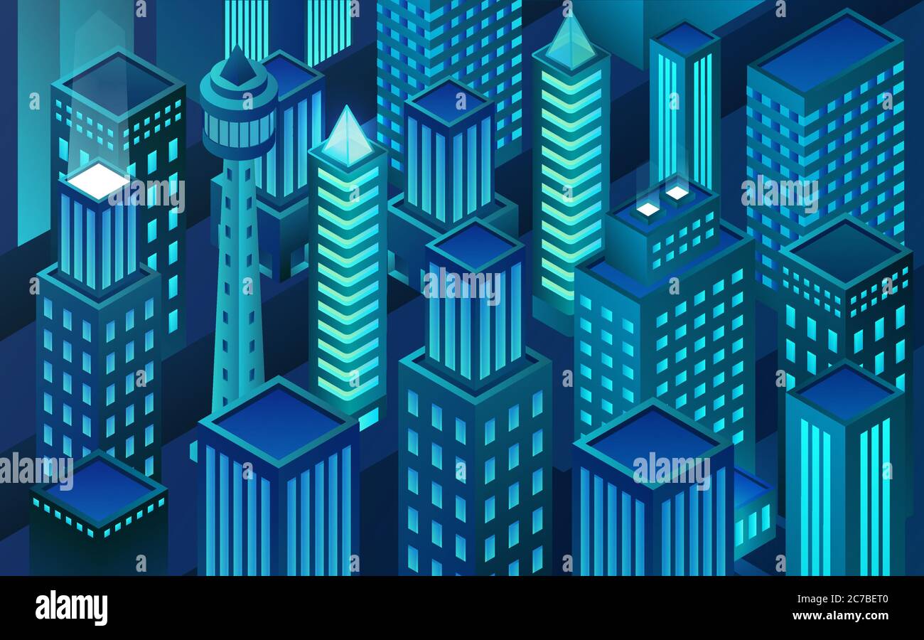Vector isometric virtual reality city. Block chain city. Skyscrapers in night Stock Vector