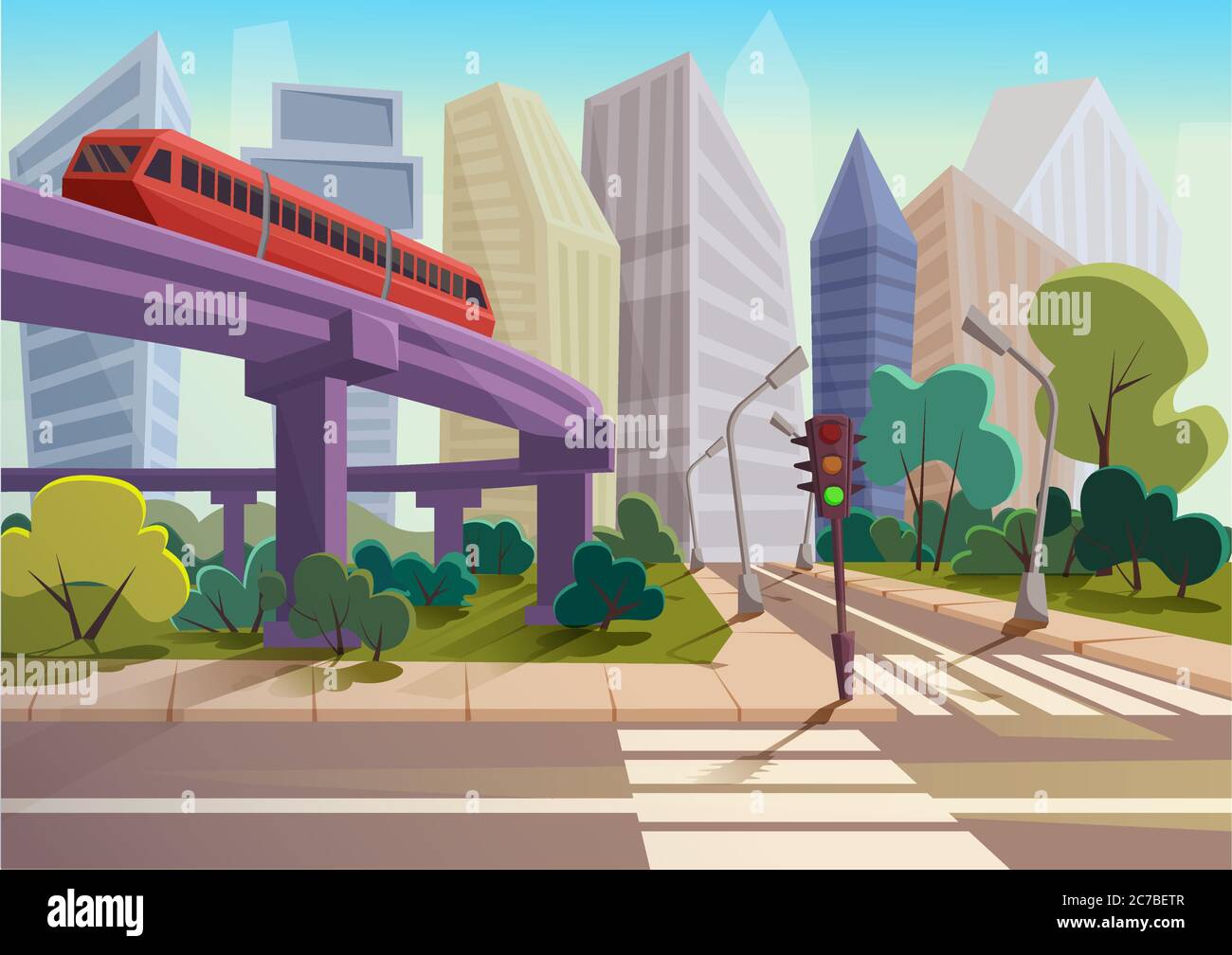 Vector Cartoon modern city panorama with glass skyscrapers and high way subway cityscape background Stock Vector