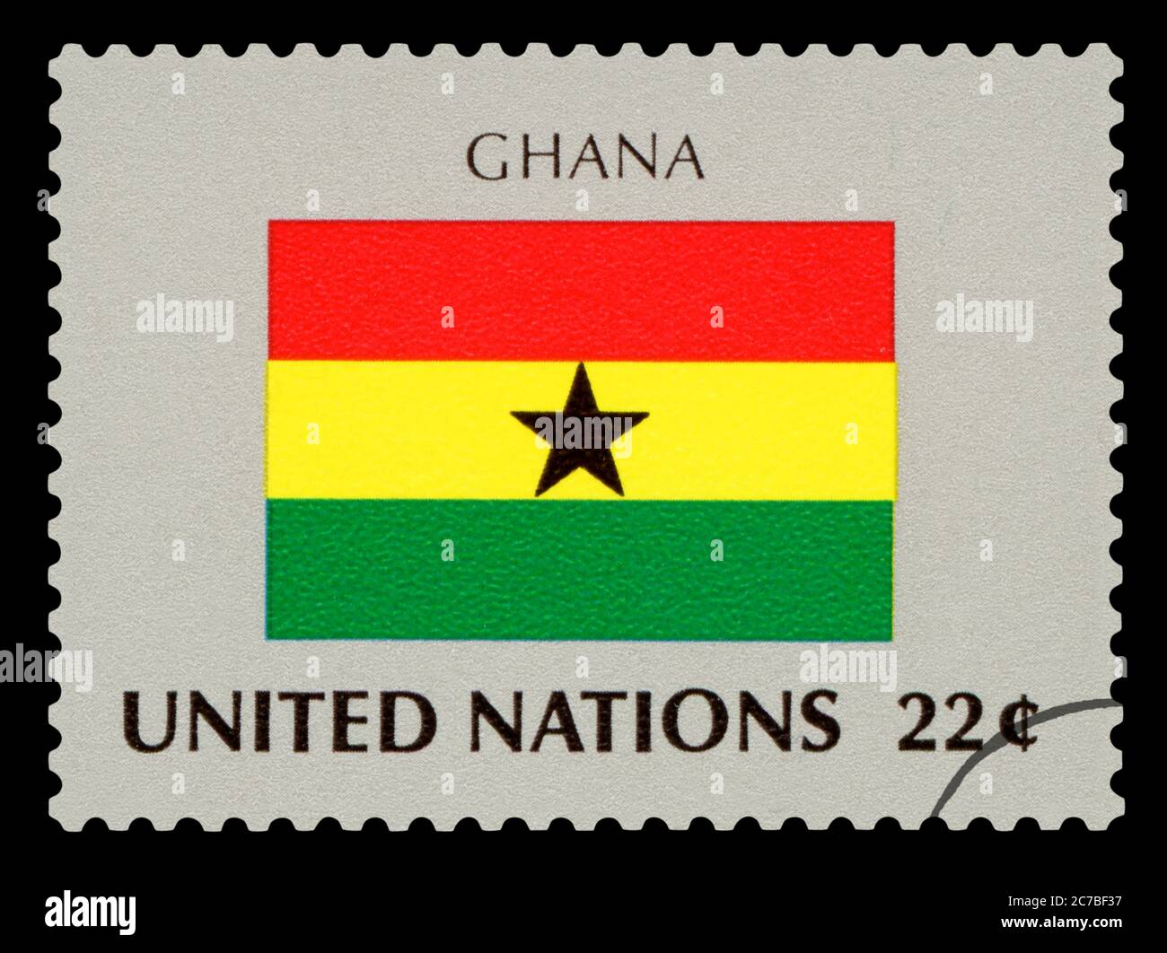 GHANA - Postage Stamp of Ghana national flag, Series of United Nations, circa 1984. Isolated on black background. Stock Photo