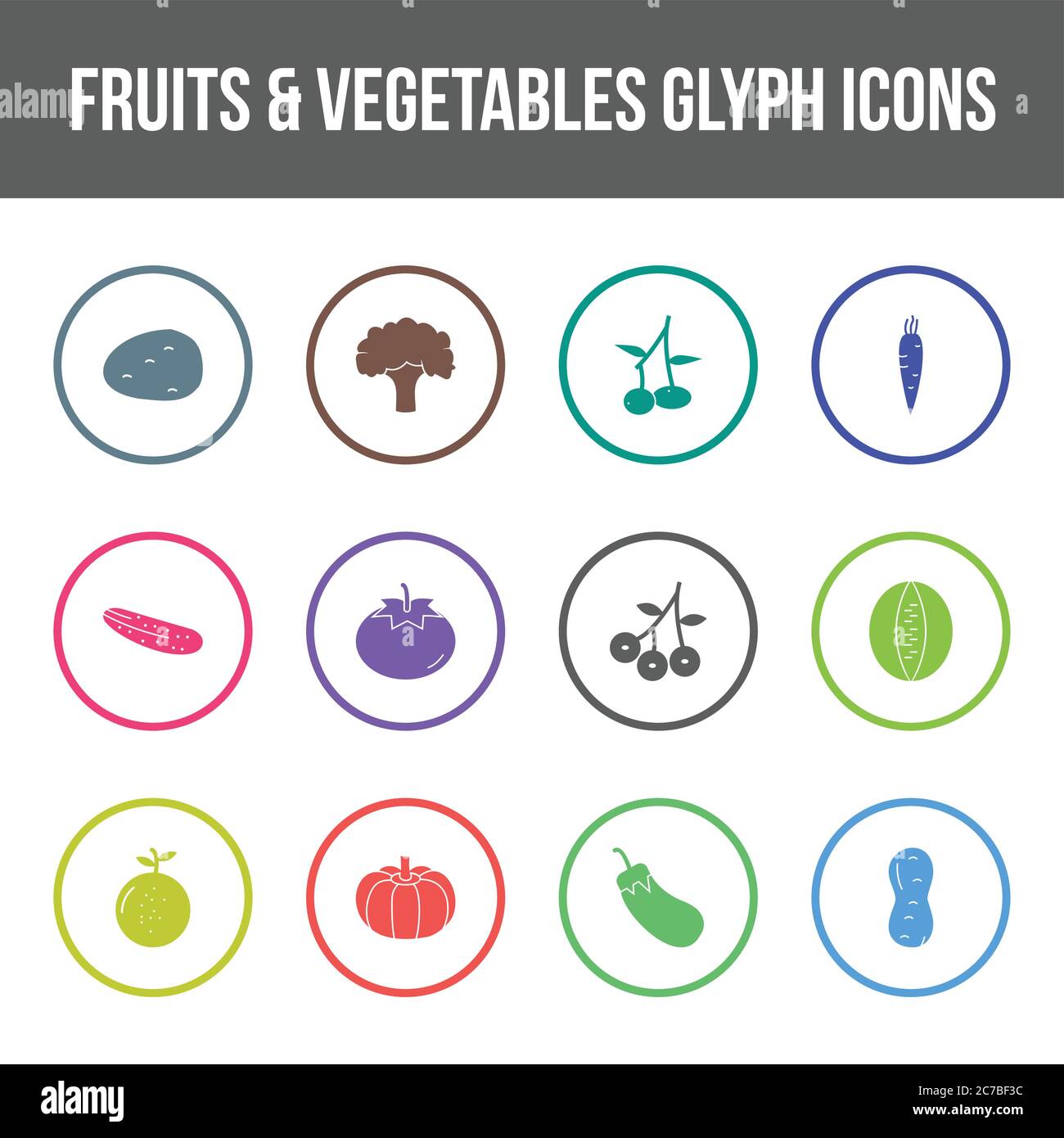 Unique fruits & vegetables vector glyph icon set Stock Vector