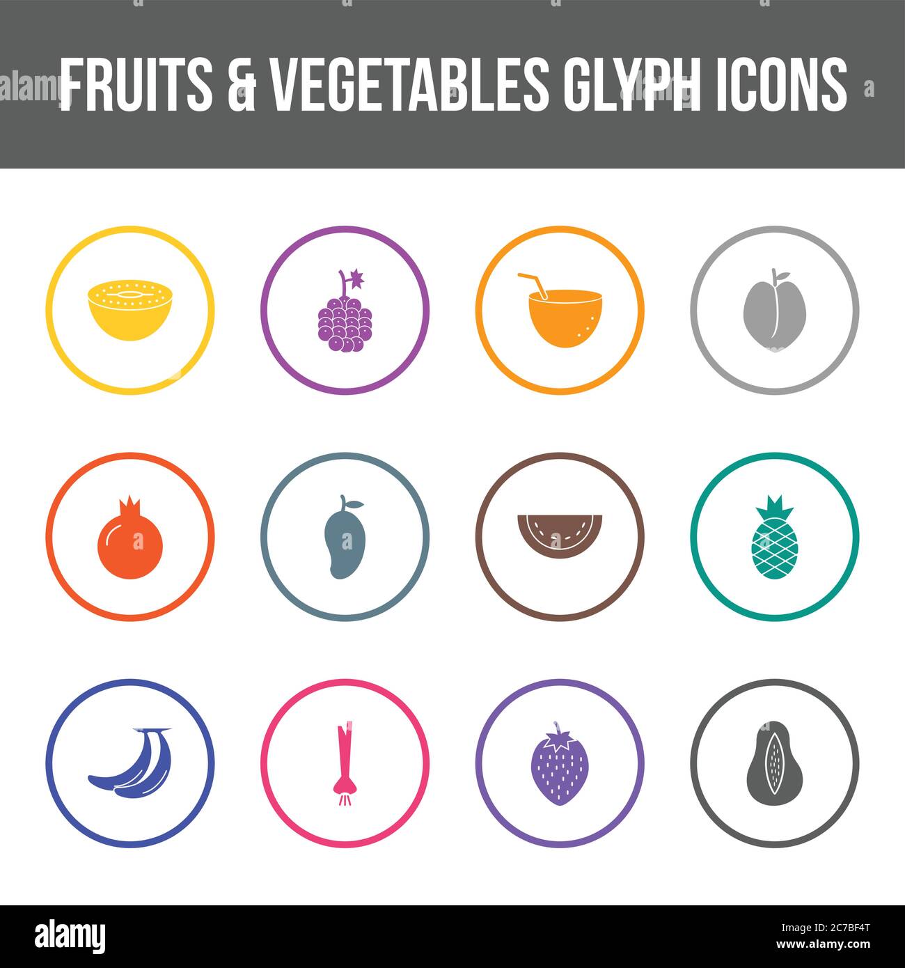 Unique fruits & vegetables vector glyph icon set Stock Vector