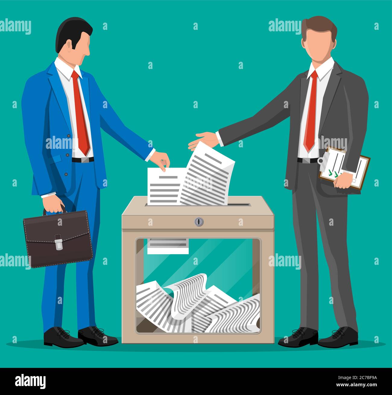 Businessman and ballot box. Container with glass window and lock full of documents papers. Voting case for suggestions elections. Box for tips and donations. Vector illustration in flat style Stock Vector