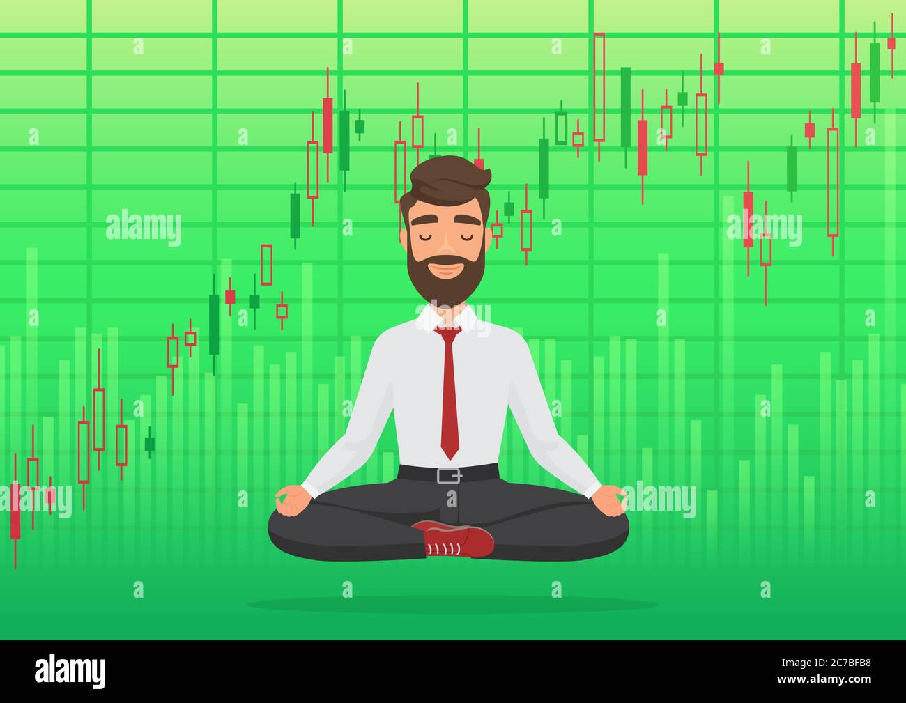 Young man trader meditating under rising crypto or stock market exchange chart. Business trader, finance stock market graph concept. Rising green profit stock Market. Balance feeling Stock Vector