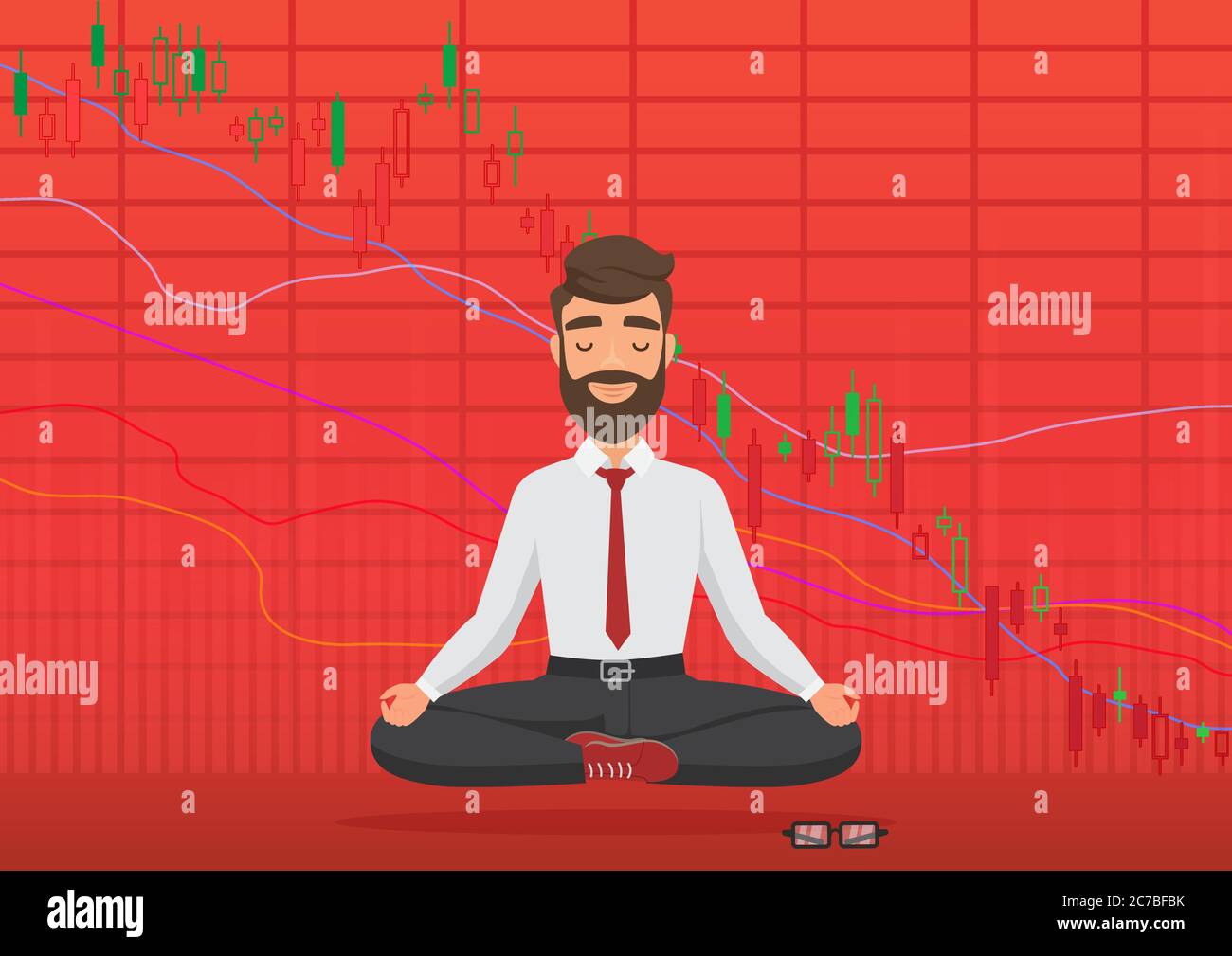 Young man trader meditating under falling crypto or stock market exchange chart. Business trader, finance stock market graph concept. Falling red blood Stock Market. Balance feeling. Stock Vector
