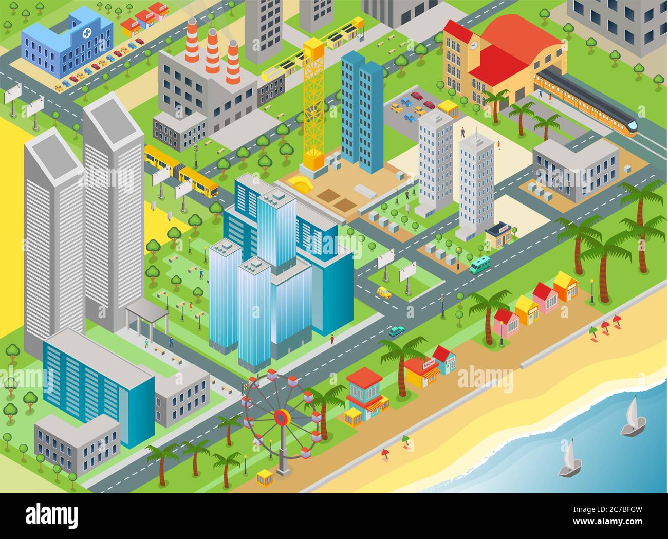 Isometric vector of city map with modern buildings and beach area with amusement park Stock Vector