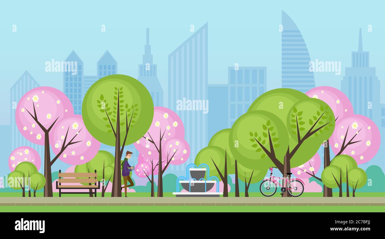 Spring summer public city park with sakura trees vector illustration Stock Vector